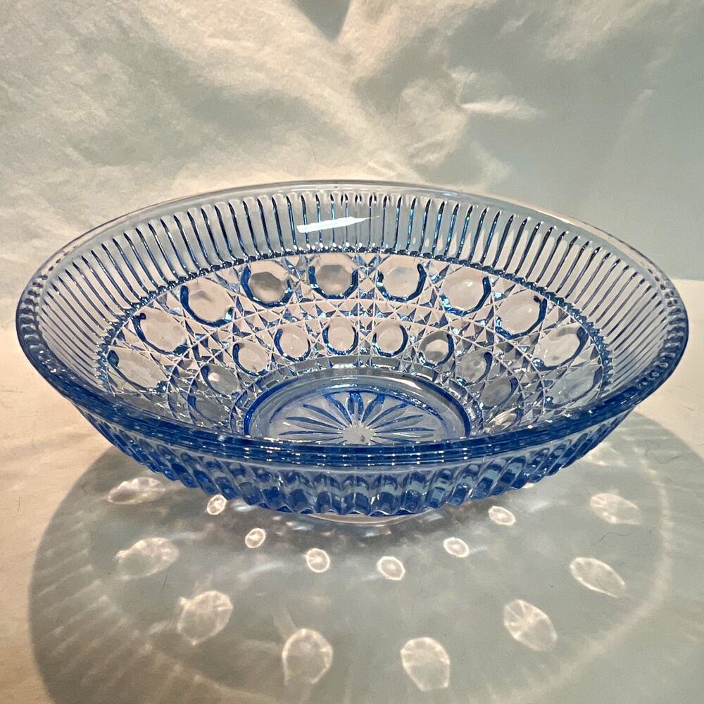 Vintage Indiana Glass Windsor Blue Button and Cane 7.5" Serving Bowl